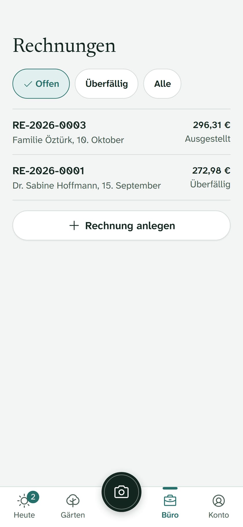 The list of invoices: paid, open and overdue.
