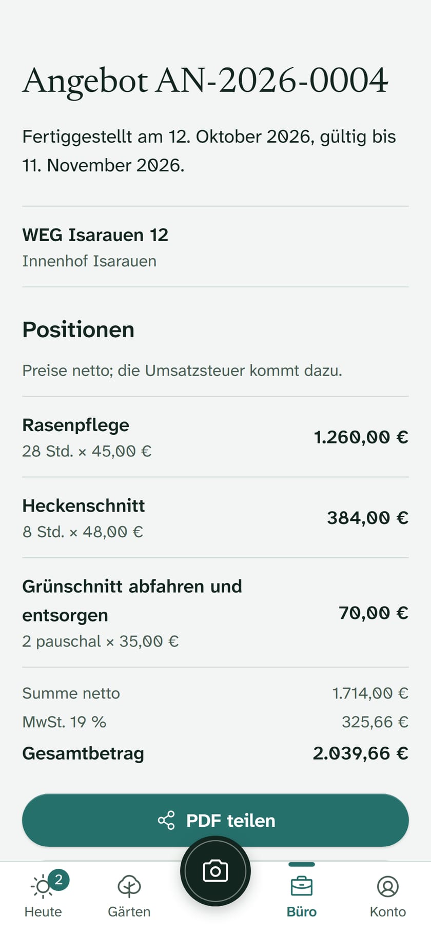 A quote with items from the price list.